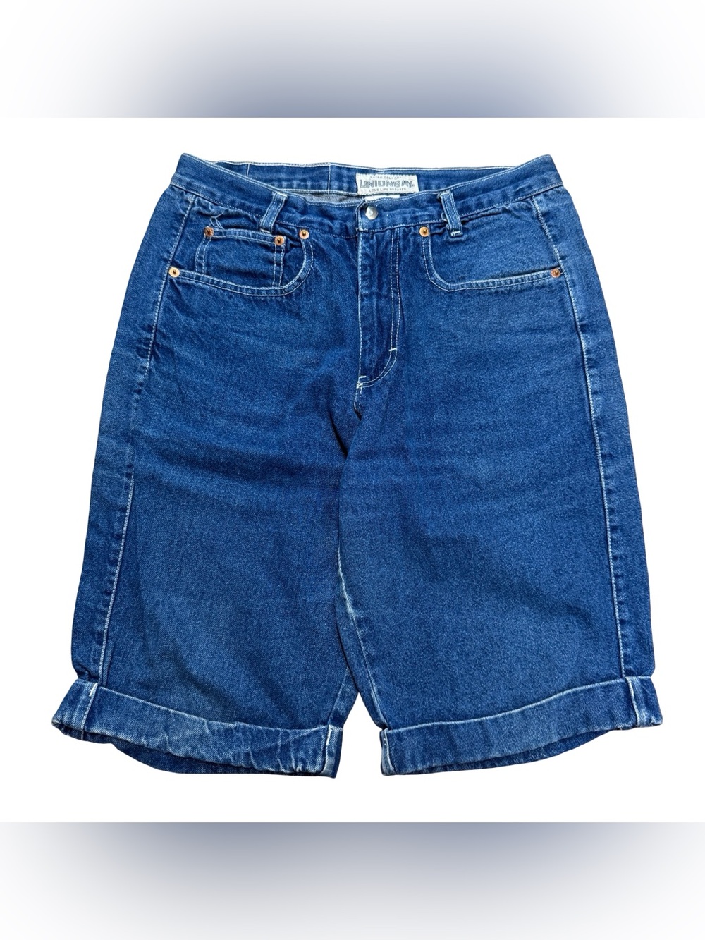 Vintage 90s Unionbay Medium Wash Cuffed Blue Denim Jean Jort Shorts Size 32